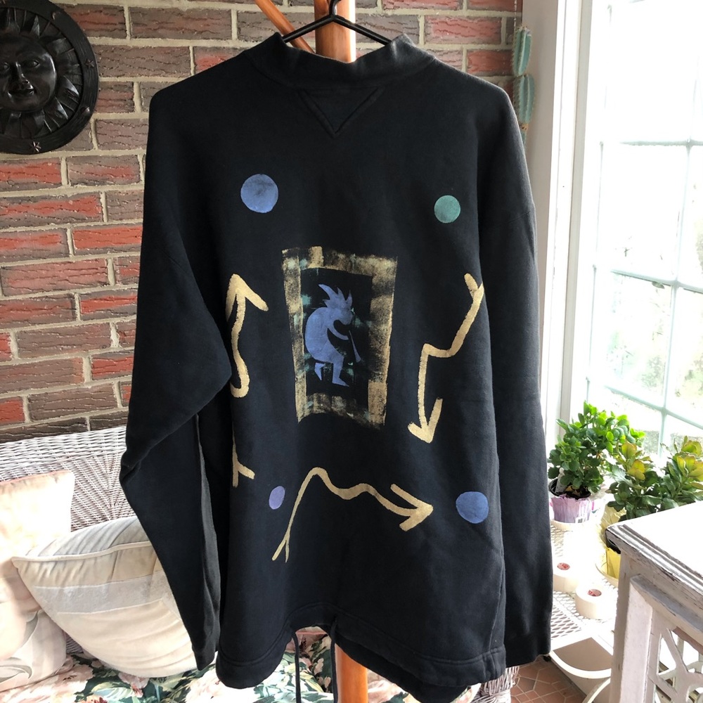 Art Screen Printed Oversized Cozy Sweatshirt Kokopelli Mock Turtleneck